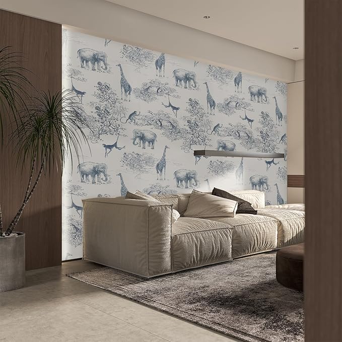 Peel and Stick Wallpaper - 17.5x118in Animals Pattern, Blue and White Vinyl, Modern Home Deco