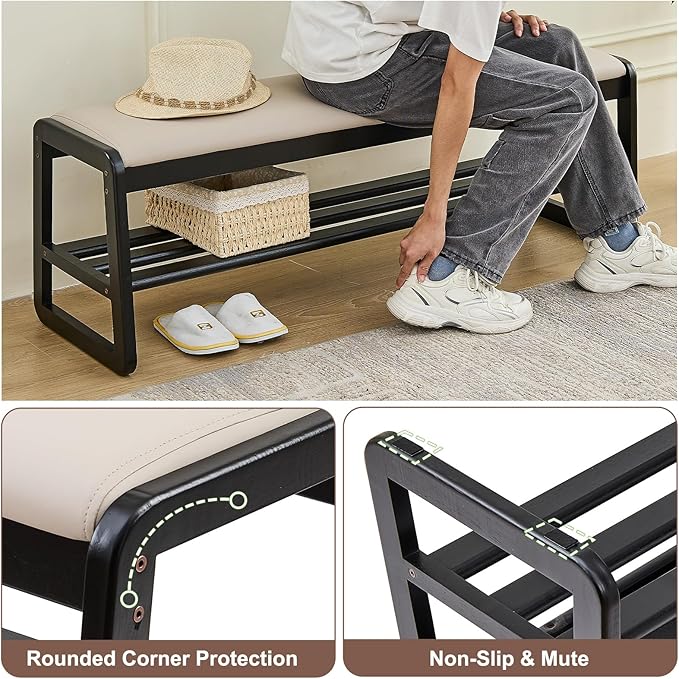 Uniclinens Wooden Shoe Rack Bench with Cushion, Solid Wood Narrow Entryway Bench 2-Tier, Long Shoe Storage Bench for Hallway Living Room, End of Bed Bench Bedroom(Black 47.2'')