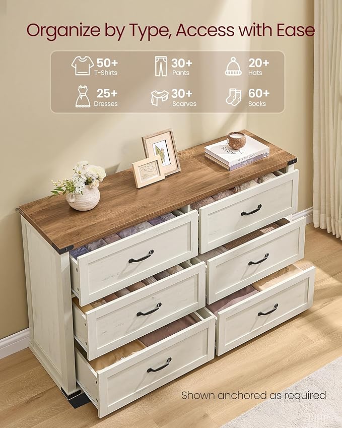 VASAGLE LIRY Collection - 6-Drawer Dresser for Bedroom, 54-Inch Wide Modern Farmhouse Chest of Drawers with Metal Handles, TV Stand, for Living Room, Entryway, Anti-Tipping, Rustic White ULTS661WJ01S