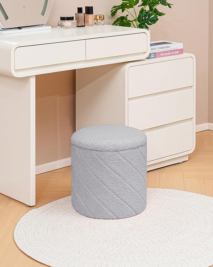 Round Ottoman with Storage, Boucle Foot Rest Stool with Reversible Tray Lid, Folding Teddy Ottoman Coffee Table for Dorm Living Room Bedroom Entryway, Grey,13" x 13" x 13.8"