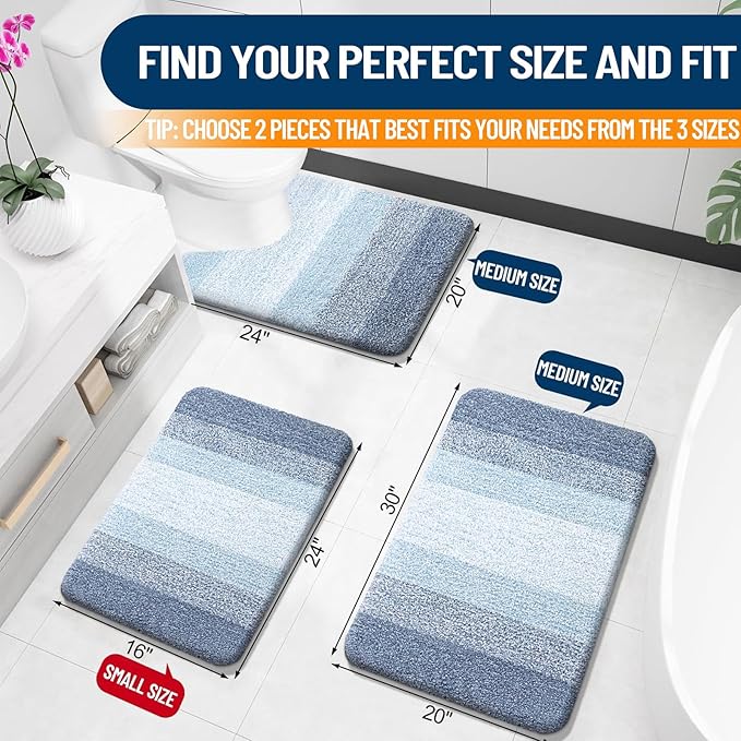 OLANLY Bathroom Rug Set 2 Piece, Soft Absorbent Microfiber Bath Mats and U-Shaped Contour Toilet Rug, Non-Slip, Machine Wash Dry, Plush Shaggy Bath Mats for Bathroom (30"x20"+24"x20", Blue)