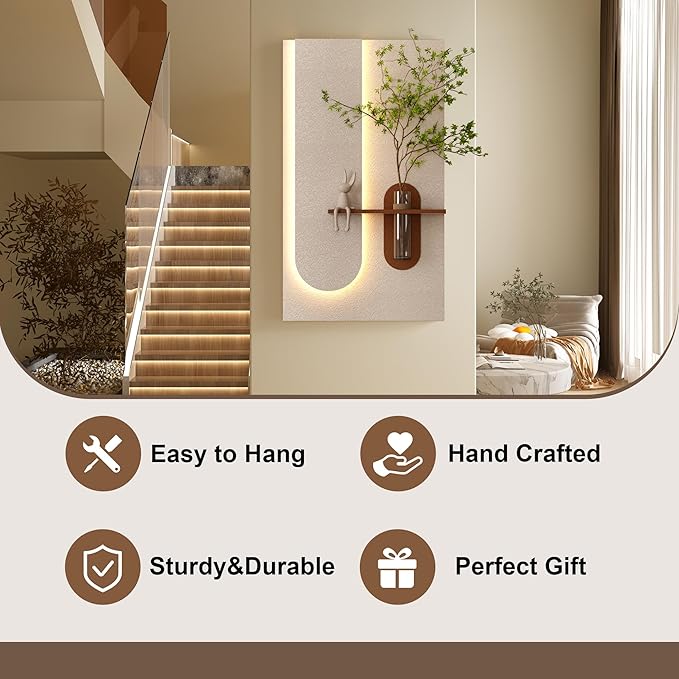 LED Sandstone Wall Decor, 3D Wall Art Sculpture, Simulated Green Plants, Glass Vase & Rabbit Statue, Remote Control 3 Color Light, for Living Room, Bedroom, Hallway(Light Coffee,41.3 * 23.6in)