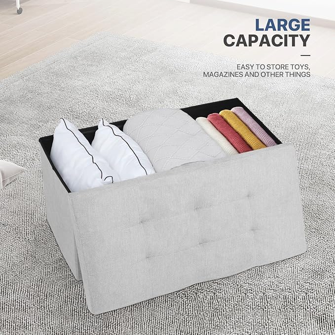 MoNiBloom 30 Inch Storage Ottoman Bench, Rectangle End of Bed Bench, Storage Padded Seat, Linen Fabric Ottoman Footrest for Living Room, Bedroom, Entryway, Light Gray