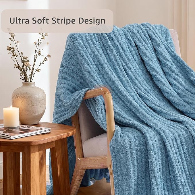 WRENSONGE Striped Throw Blanket, Blue Soft Cozy Fluffy Warm Hand Made Throw Blankets for Couch, Sofa, Chair, Bed, Camping, Picnic, Travel Lightweight Bed Blanket - 60"*80"