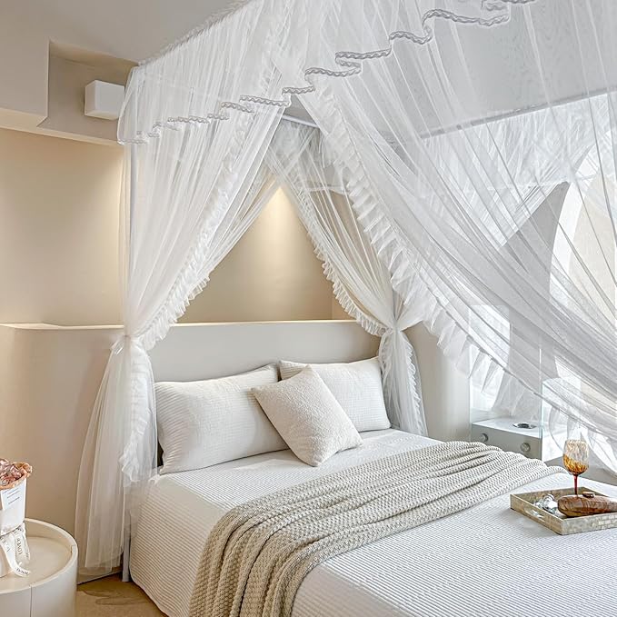 AIKASY 4 Corners Post Ruffle Princess Bed Canopy Curtain - Double Layer Cozy Drape Netting with 4 Openings - Elegant Mosquito Net for Girls and Adults Bedroom Decoration (White, Queen)