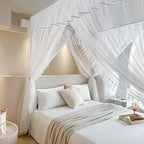 AIKASY 4 Corners Post Ruffle Princess Bed Canopy Curtain - Double Layer Cozy Drape Netting with 4 Openings - Elegant Mosquito Net for Girls and Adults Bedroom Decoration (White, Queen)
