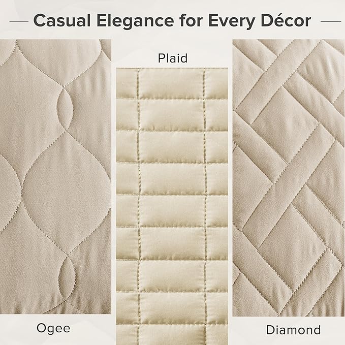 Comfort Spaces King Quilt Set Modern Reversible Ogee Coverlet King Bedding Set Cozy Quilted Winter Layer, All Season Lightweight Soft King Size Quilt, Kienna, Cal King Beige 3 Piece