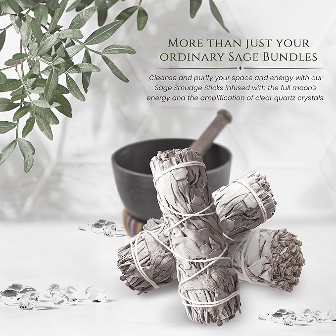 White Sage Smudge Sticks - Salvia Blanca - Reiki & Full Moon Charged with Quartz Crystals for Energy Clearing, Meditation, Negative Energy Removal, Purification, Spiritual Healing, Incense Wands (1)