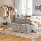 DINZI LVJ Storage Chest, 47.2" Rattan-Like Toy Box with 2 Safety Hinges, Wooden Entryway Storage Bench with Flip-Top, Large Trunk for Living Room, Bedroom, Easy Assembly, Gray Wash