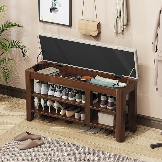 Shoe Bench for Entryway, Solid Rubberwood Shoe Bench with Hidden Storage, Adjustable 2-Tier Shelves & Soft PU Leather Seat, Shoe Rack Durable Easy Assembly for Hallway or Bedroom - Beige, 39.4"