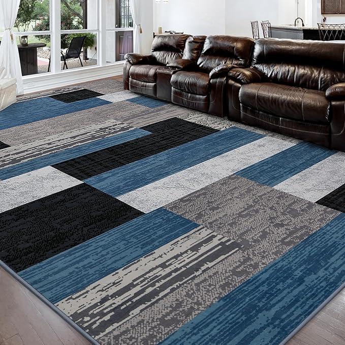 FlyDOIT Modern Geometric Patchwork Area Rug, 9x12 Blue Large Rugs for Living Room, Rockwood Collection Indoor Rugs for Bedroom, Throw Carpet Floor Decor for Entryway Dining Room Office Nursery