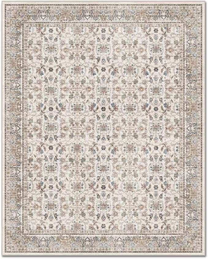 Washable 6x9 Area Rugs for Living Room, Boho Non-Slip Vintage Distress Large Rugs for Bedroom Dining Room Nursery Office, 0.3" Neutral Oriental Throw Thin Carpet, Cream/Blue/Orange/Multi