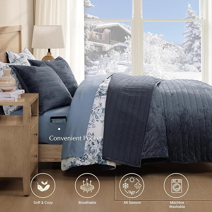 WRENSONGE Velvet Queen Quilt Set-3 Pieces Blue Grey Luxurious Velvet Striped Channel Comforter with 2 Shams, Soft Bedspread Coverlet Quilted Bedding Set for All Season