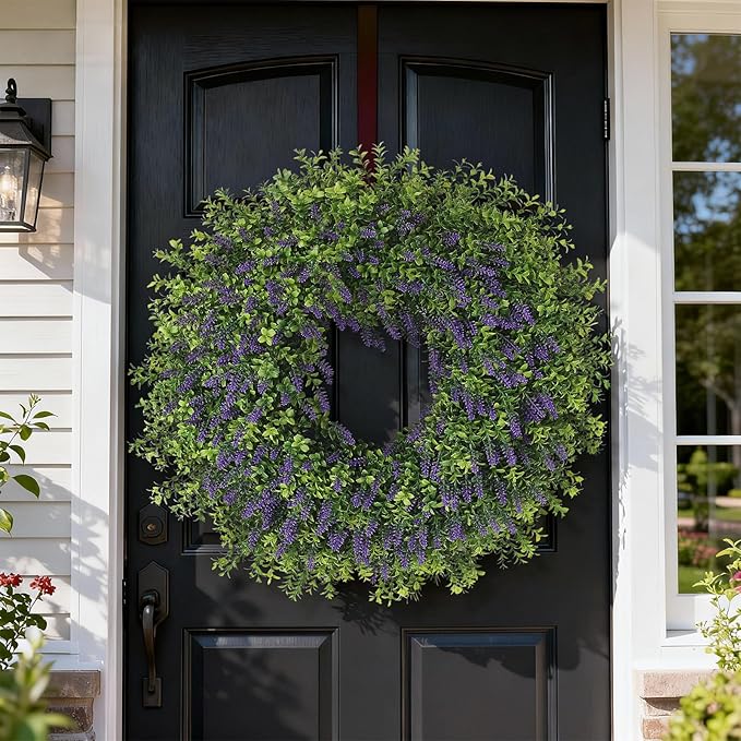 26" Artificial Lavender & Boxwood Wreath for Front Door - Large Faux Purple Greenery Outdoor Wreath for Home, Farmhouse, Window, Wall Decor | Spring Summer All Seasons