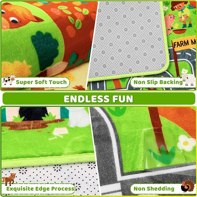 Kids Rug Play Mat for Toy Cars, 39.4" × 59" Farm Life Road Traffic for Playroom Kids Car Road Rugs Village Map Play Mat Non-Slip Washable Play Rug for Toddlers Boys Room Family Tummy Time Playtime