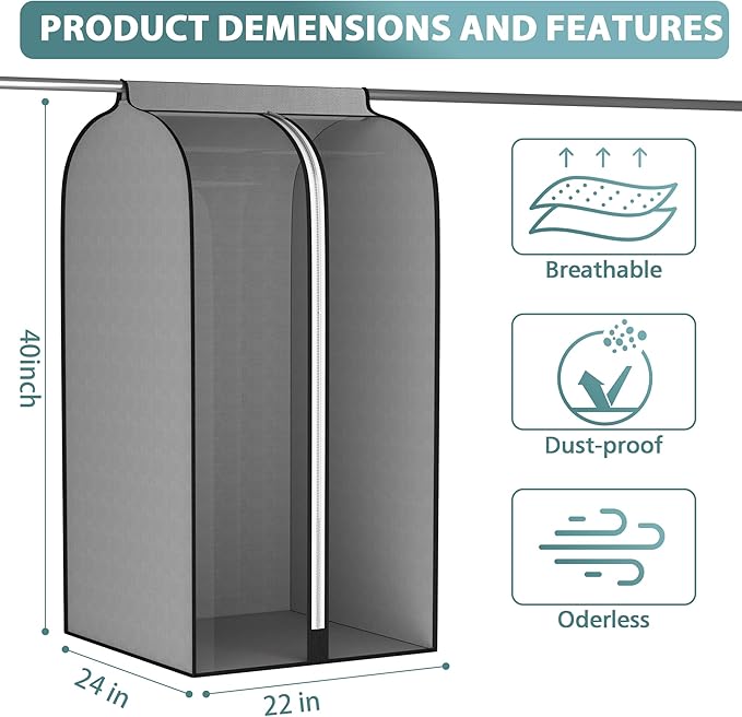 22” Gusseted Garment Bags for Hanging Clothes, Large Clear Window Clothes Cover for Closet Storage, Wardrobe Coat Protector for Suit, Shirt Dress, Bottom Enclosed, 2 Pack, 40” Long