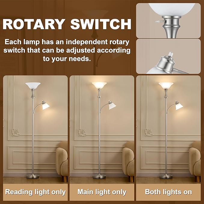 71'' Torchiere Floor Lamps for Living Room, Tall Floor Lamp for Bedroom with Adjustable Angle Arc Reading lamp, Modern Standing lamp with Glass Shade, Knob Switch, Bulb Included, Silver