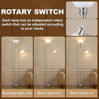 71'' Torchiere Floor Lamps for Living Room, Tall Floor Lamp for Bedroom with Adjustable Angle Arc Reading lamp, Modern Standing lamp with Glass Shade, Knob Switch, Bulb Included, Silver