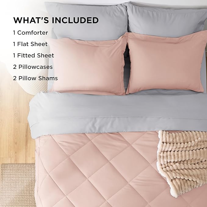 Bedsure Full Size Comforter Set - 7 Pieces Reversible Blush Pink Bedding, Full Size Bed Set for All Seasons, Bed in a Bag with Down Alternative Comforter, Sheets, Pillowcases & Shams