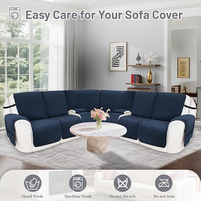 Reclining Sectional Couch Covers 100% Waterproof Velvet L Shape Recliner Couch Covers for Sofa Pets Washable Anti Slip Recliner Slipcovers with Pockets (5 Seat Sofa with 2 Console, Navy Blue)