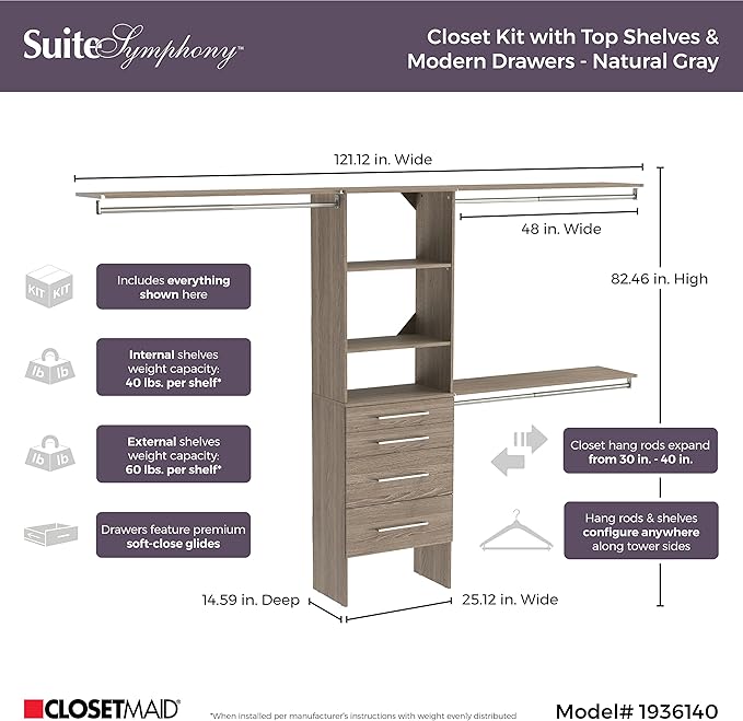 ClosetMaid SuiteSymphony Wood Closet Organizer Kit with Tower, 3 Hang Rods, Top Shelves, 4 Drawers, Modern Adjustable, Fits Spaces 6-10 ft. Wide, Natural Grey