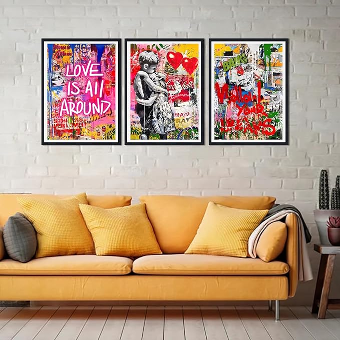 Novatique Colorful Graffiti Wall Art Banksy Street Wall Art Modern Boy and Girl Graffiti Art Painting Print Framed Ready to Hang Home Decoration,16" x 24" x 3pcs