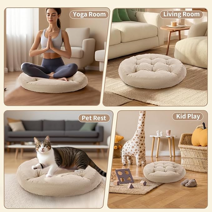 Meditation Floor Pillow, Round Floor Cushions for Adults, Button Tufted Seat Cushions for Yoga Tatami Living Room, Beige, 22 x 22 x 4 in