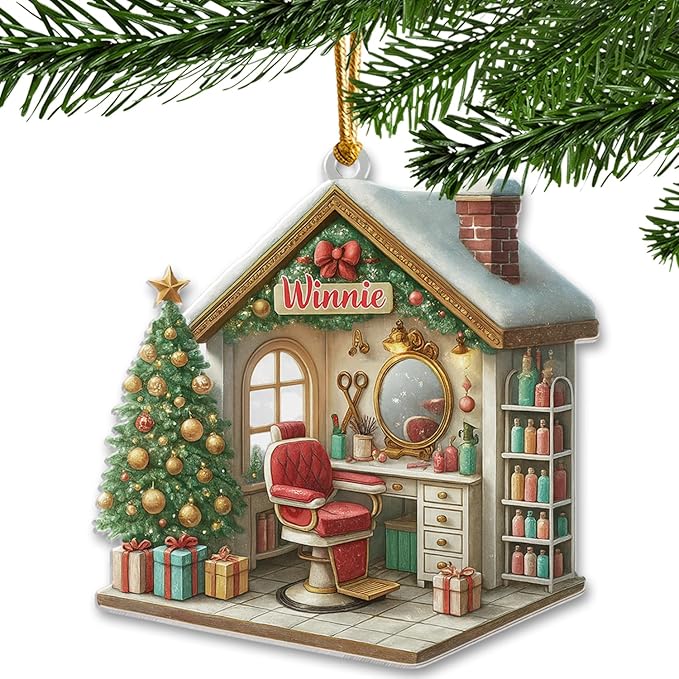 Personalized Hair Salon Christmas Ornament 2025, Custom Name Acrylic Barber Shop Decor, 2D Flat Xmas Tree Ornament, for Hairdresser & Stylist