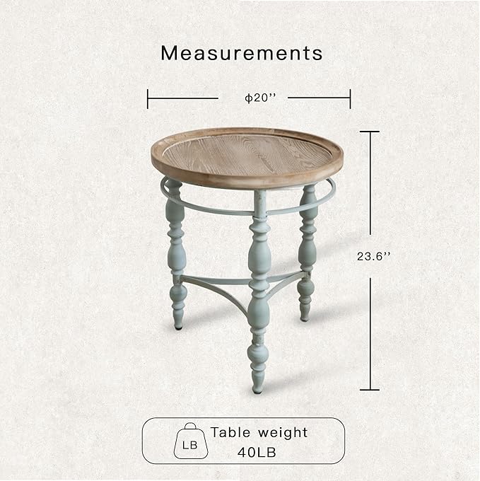 Rustic Farmhouse Round End Table, French Country Vintage Side Table,φ20.1'' x 23.6''H Rustic Solid Wood with Vintage Iron Legs, for Living Room, Bedroom, Small Spaces,Nature White