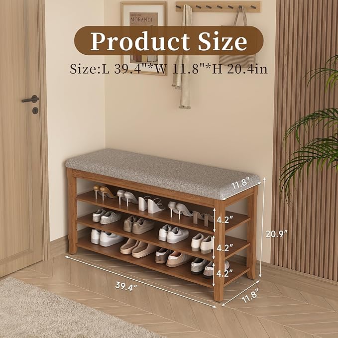 Rubber Wood Shoe Bench with Storage, Flip-Top Soft-Close Lid, Adjustable Shelves, Cushioned Entryway Shoe Rack Organizer, 39.4''