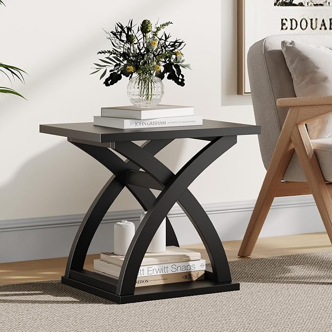 ChooChoo End Side Table, Modern End Table with Storage Shelf, X-Design Side Table Living Room (Black)
