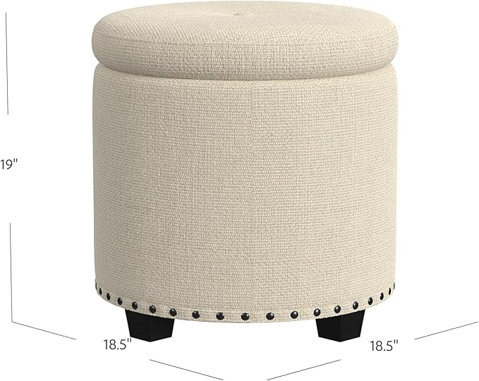 HomePop Home Decor | Upholstered Round Storage Ottoman with Nailheads| Ottoman with Storage for Living Room & Bedroom, Cream Woven