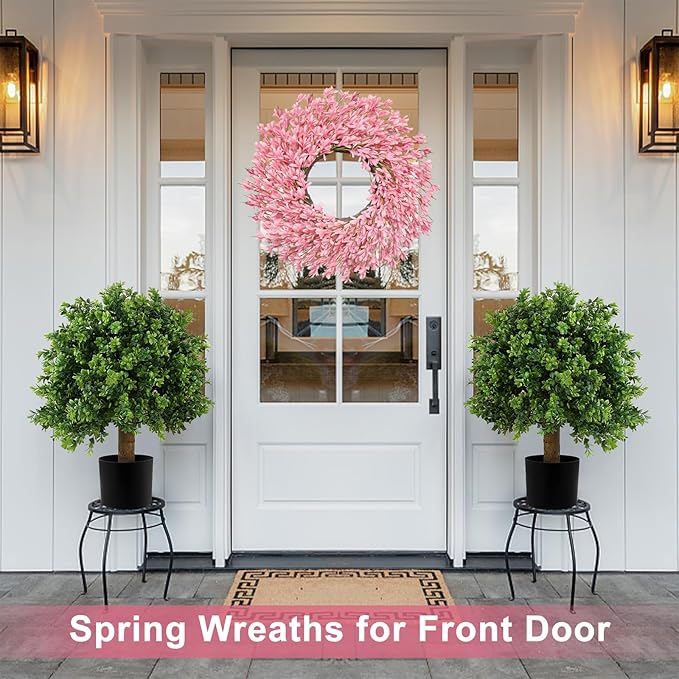 26 Inch Spring Wreaths for Front Door Large Valentines Spring Door Wreath Easter Wild Floral Summer Wreaths Outside All Season for Farmhouse Porch Wall Wedding Living Room Home Decor(Pink)