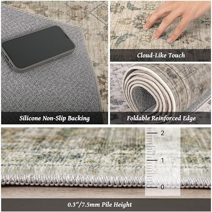 Washable 6x9 Area Rugs for Living Room, Boho Non-Slip Vintage Distress Large Rugs for Bedroom Dining Room Nursery Office, 0.3" Neutral Oriental Throw Thin Carpet, Flaxen/Brown/Multi