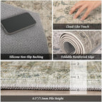 Washable 4x6 Rugs for Living Room, Boho Non-Slip Vintage Distress Small Rugs for Bedroom Nursery Office, 0.3" Neutral Oriental Throw Thin Carpet with Cushioning Pad, Flaxen/Brown/Multi