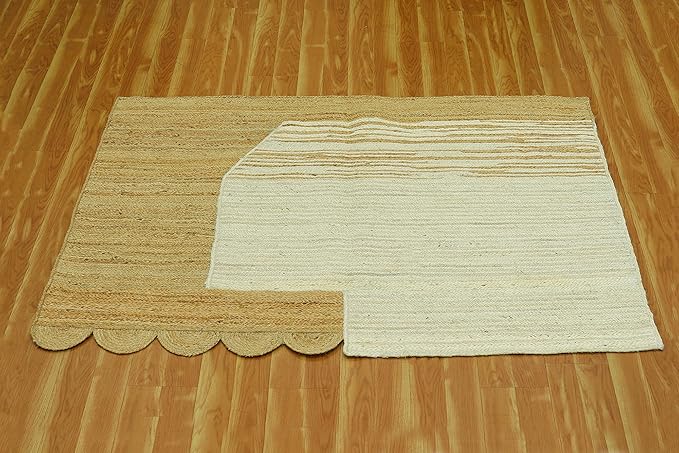 Scalloped Edge Rug, Hand Woven Natural Jute Area Rug, 10x16 Ft Beige & Brown Braided Sisal Kilim Rugs for Living Room, Kitchen, Entryway, Farmhouse