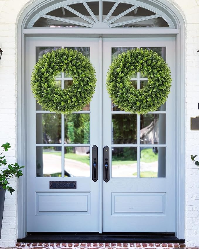 20 Inch Boxwood Front Door Wreaths, Spring and Summer Outdoor Wreath for Front Door, All Seasons Artificial Green Wreath for Farmhouse Wedding Porch Wall St Patricks Day Indoor Decorations