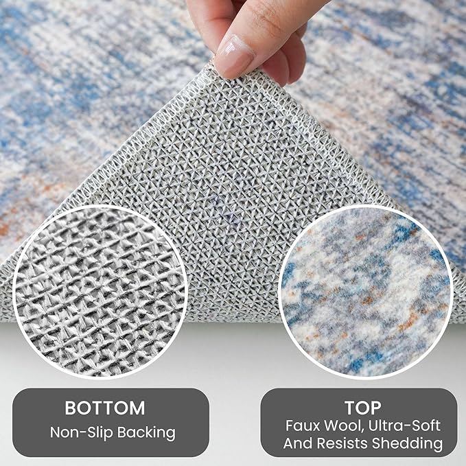 IOHOUZE Abstract Runner Rug 2x8 Ft Washable Runners for Hallways, Non Slip Kitchen Runner Printed Faux Wool Entryway Runner Indoor, Modern Abstract Floor Carpet for Hall Bedroom, Blue Rust