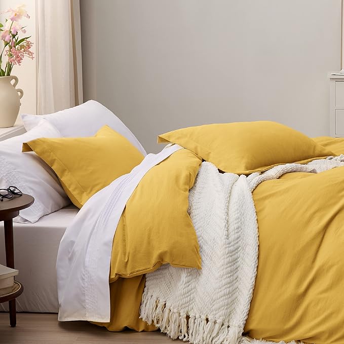 Bedsure Mustard Yellow Duvet Cover Queen Size - 3 Pieces Prewashed Extra Soft Bedding Set, Includes 1 Duvet Cover 90x90 Inches with Zipper Closure & 2 Pillow Shams, Comforter Not Included