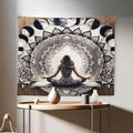 Ambesonne Mandala Tapestry, Meditating Lady with Ethnic Florals and Lunar Phases Frame Rustic, Fabric Wall Hanging Decor for Bedroom Living Room Dorm, 28" X 23", Cocoa Charcoal Grey White