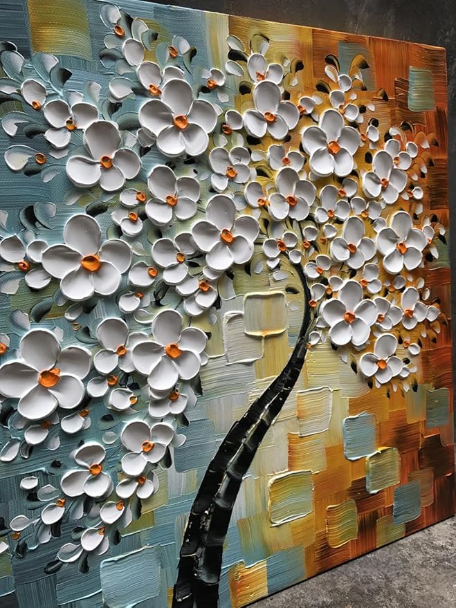 YaSheng Art - hand-painted Oil Painting On Canvas white Flowers Paintings Modern Home Interior Decor Wall Art for living room Abstract Art picture Ready to hang 30x30inch