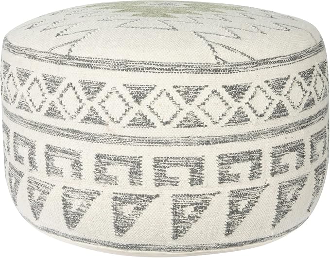 Creative Co-Op Round Wool Blend Kilim Pouf with Geometric Design, Grey