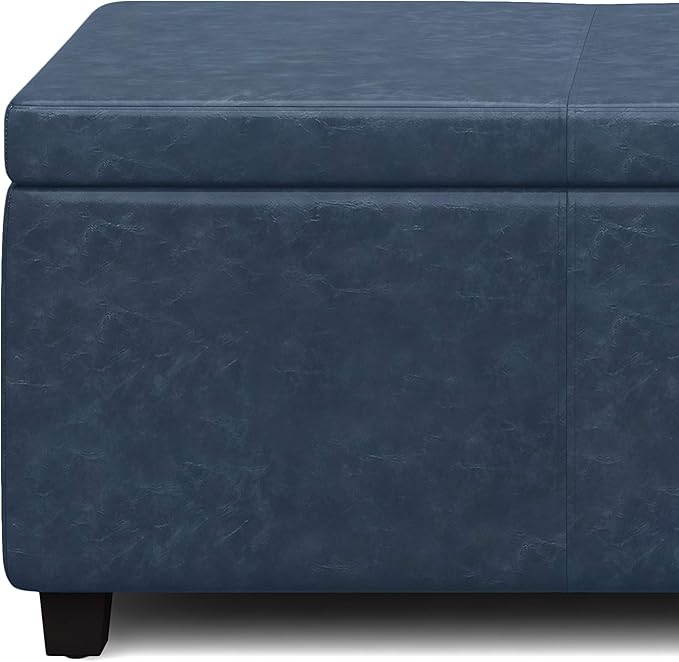 SIMPLIHOME Avalon Storage Ottoman Bench - 48 inch Wide Upholstered Vegan Leather Rectangular Lift-Top Ottoman in Denim Blue, Contemporary Storage Bench for Living Room with High-Density Foam
