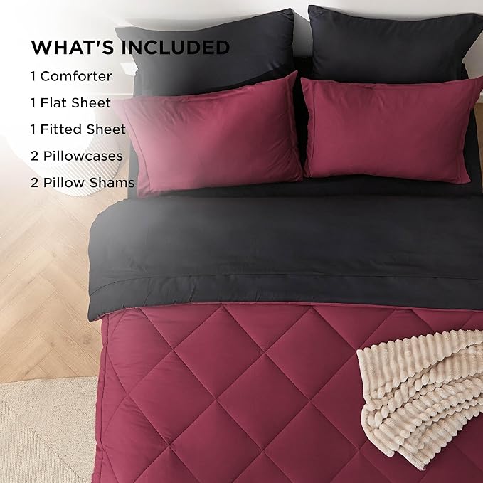 Bedsure Queen Comforter Set - 7 Pieces Reversible Burgundy and Black Bedding, Queen Size Bed Set for All Seasons, Bed in a Bag with Down Alternative Comforter, Sheets, Pillowcases & Shams