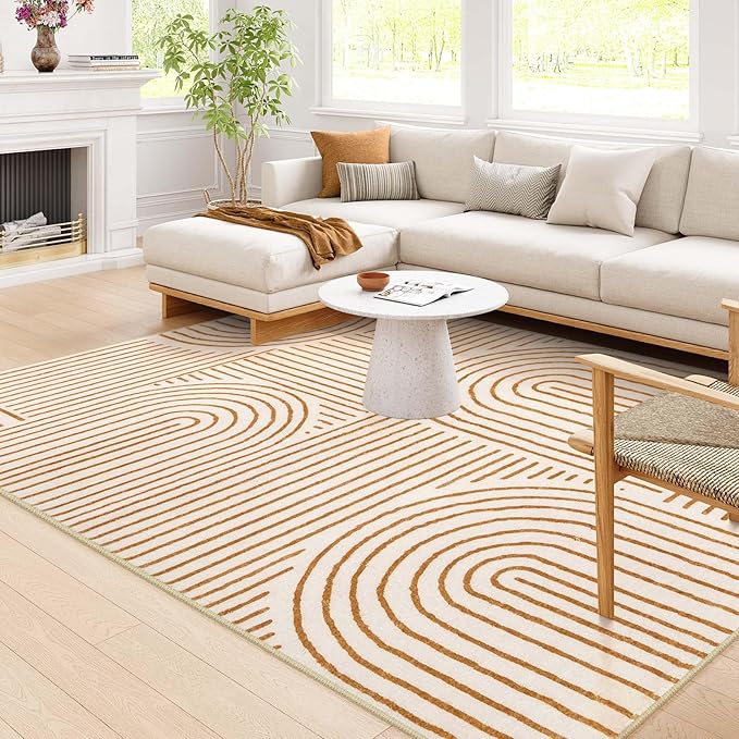 Lahome Abstract Area Rugs 9x12 Living Room, Soft Washable 9x12 Area Rug for Bedroom, Ultra-Thin Non-Slip Modern Non-Shedding Accent Carpet for Dining Room Office, Orange