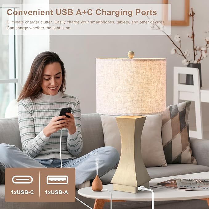 24.5" Modern Table Lamp Set of 2, 3-Way Dimmable Bedside Lamps with USB C & A Charging, Farmhouse Resin Nightstand Lamps with Linen Shade for Bedroom, Living Room, Home Office(Beige)