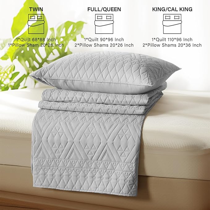 akkialla Twin Size Quilt Bedding Set,Light Grey Lightweight Microfiber Soft Bedspreads,Modern Style Geoetric Pattern Coverlet Set for All Seasons,2 Piece(1 Quilt,1Pillow Sham)