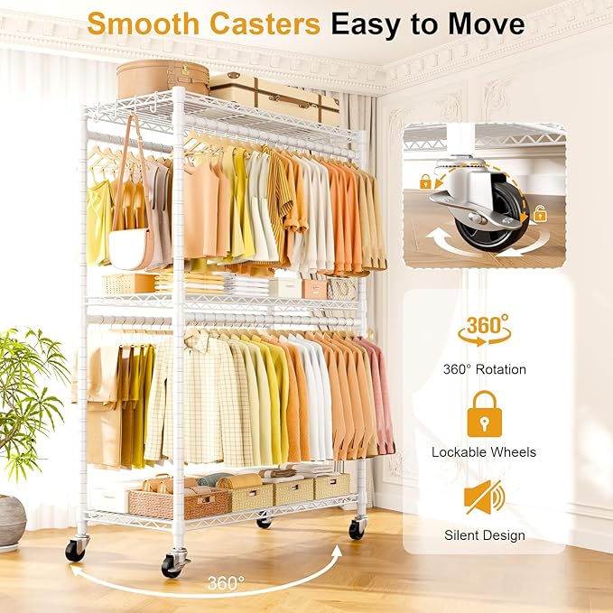 P5 Plus Rolling Clothes Rack Heavy Duty, Clothing Racks for Hanging Clothes, Metal Garment Rack with Wheels, 3-Tier Portable Closet Rack 45'' W × 20.5'' D × 80.5'' H, Max Load 660 Lbs, White