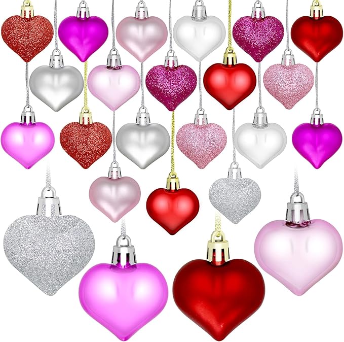 24pcs Valentine Heart Ornaments - Heart Shaped Decorations for Home, Wedding, Party