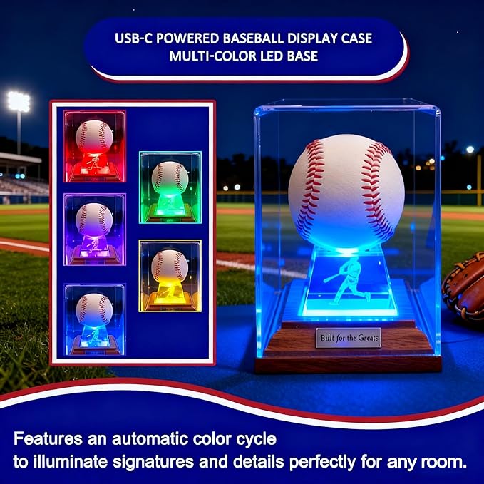 Baseball Display Case, Baseball Display Stand with LED Lights , Wooden Stand and a Bronze Medal,Cube Baseball Holder Display case, Acrylic Clear Ball Protector for Memorabilia Baseball Gifts